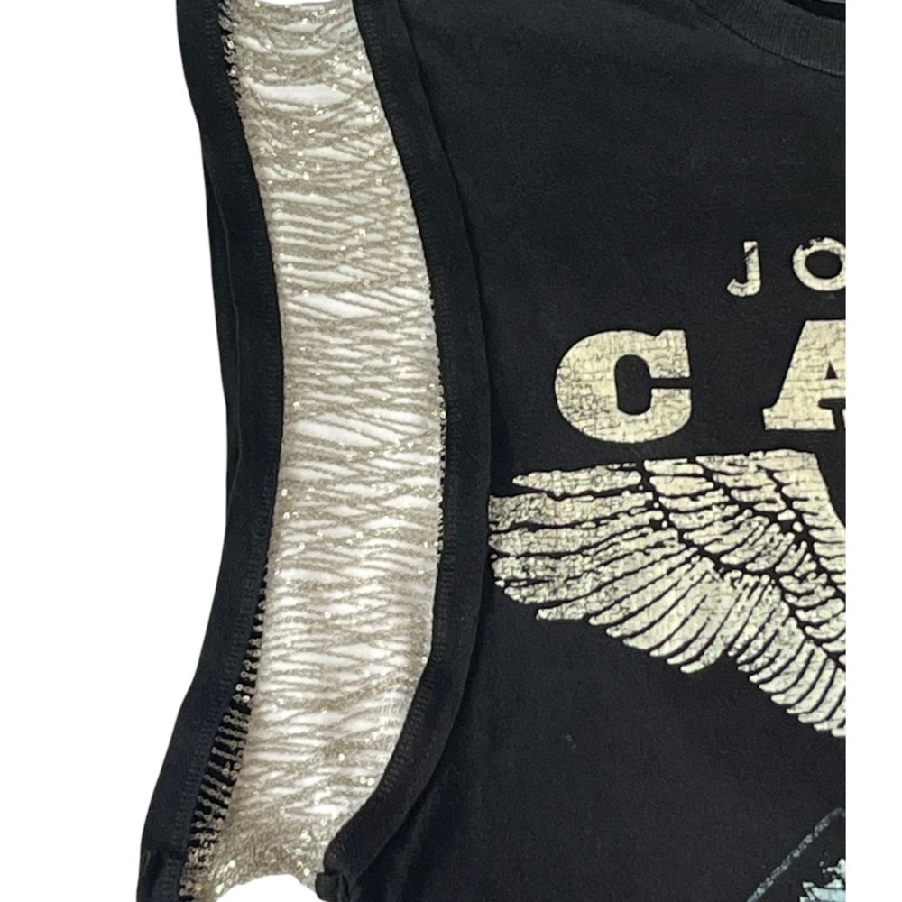 TRENDY & TIPSY Black Johnny Cash T-Shirt Top CHAIN FRINGE SLEEVES Guitar SIZE M - Picture 5 of 8